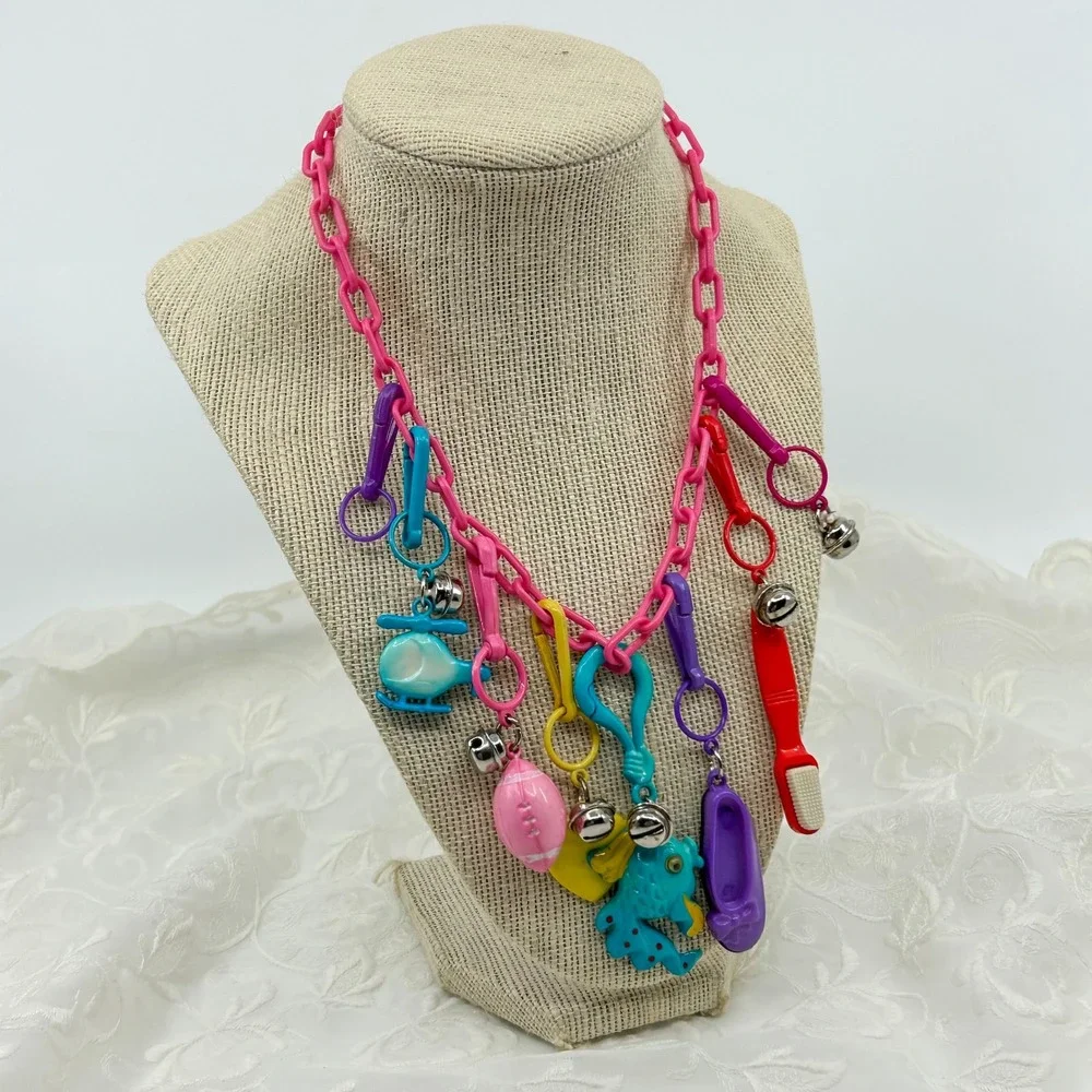 Vintage 80s Plastic Charms Clip and Bell Necklace Pink Chain Funky Colorful Toy - Picture 2 of 13